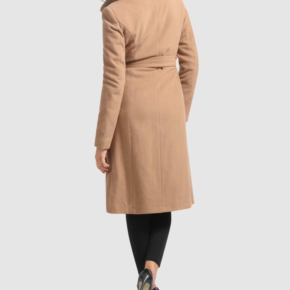 OLGYN Women’s Cashmere Wool Blend Wrap Camel Coat - Picture 4 of 5